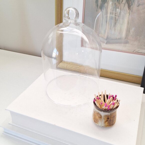 Vintage match holder crock & Glass 3 wick candle cloche dome cover - Picture 2 of 2